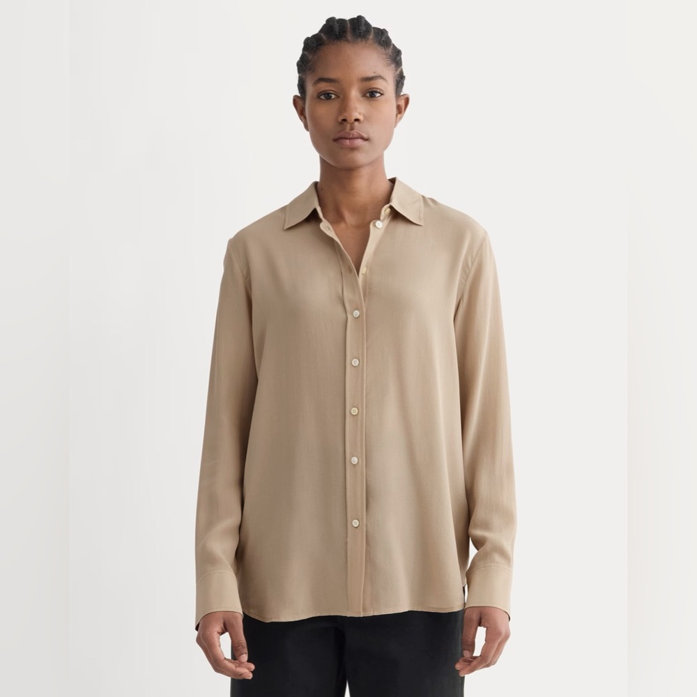 NWOT Everlane 100% Silk Light Pink/Beige Long Sleeve Button Down Shirt